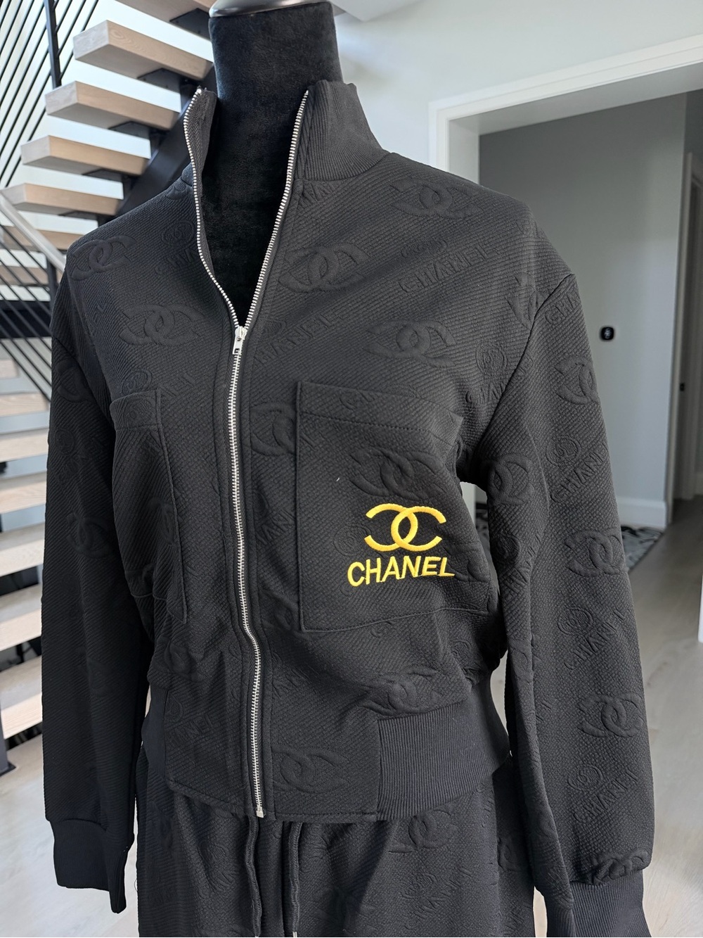 CHANEL Black Embossed Logo Tracksuit Matching Set with Gold Accent size M/L - Picture 3 of 16